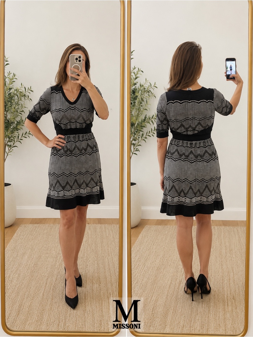 M Missoni Chevron Knit Dress IT 40 US 4 Small Black White Fit & Flare